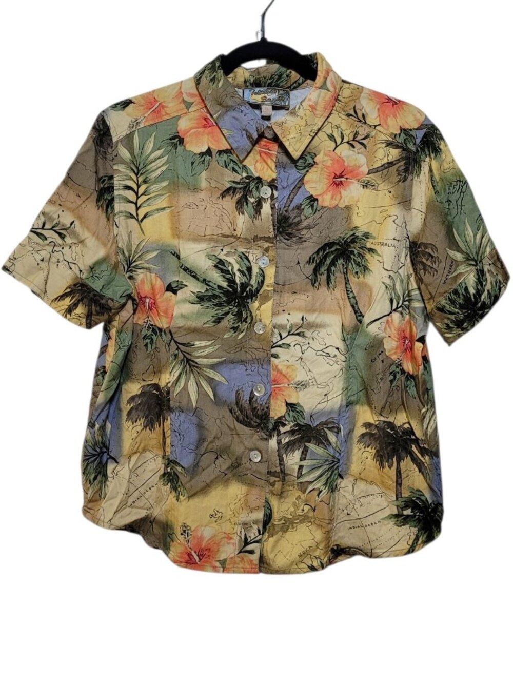 Island Sands Tropical Map Print Shirt Blouse Womens XL Coastal Vacation